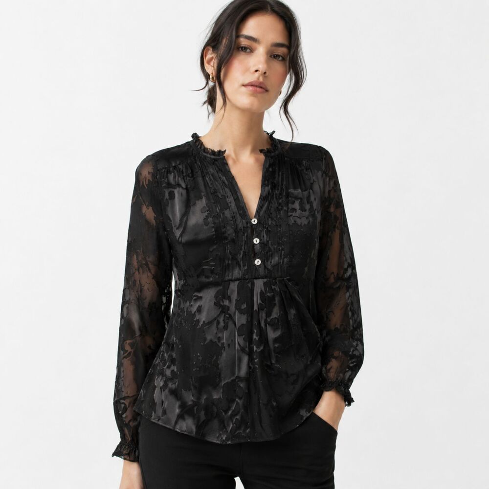 Diane Von Furstenberg Annalise Silk Burnout Blouse Black Ruffle V-Neck Boho 6